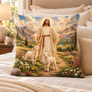 Jesus and Lambs Quilted Throw Pillow, AI-generated bedroom mockup