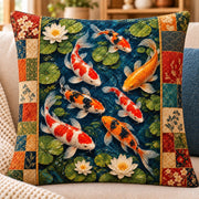 Koi Fish Pond Quilted Throw Pillow, AI-generated sofa mockup