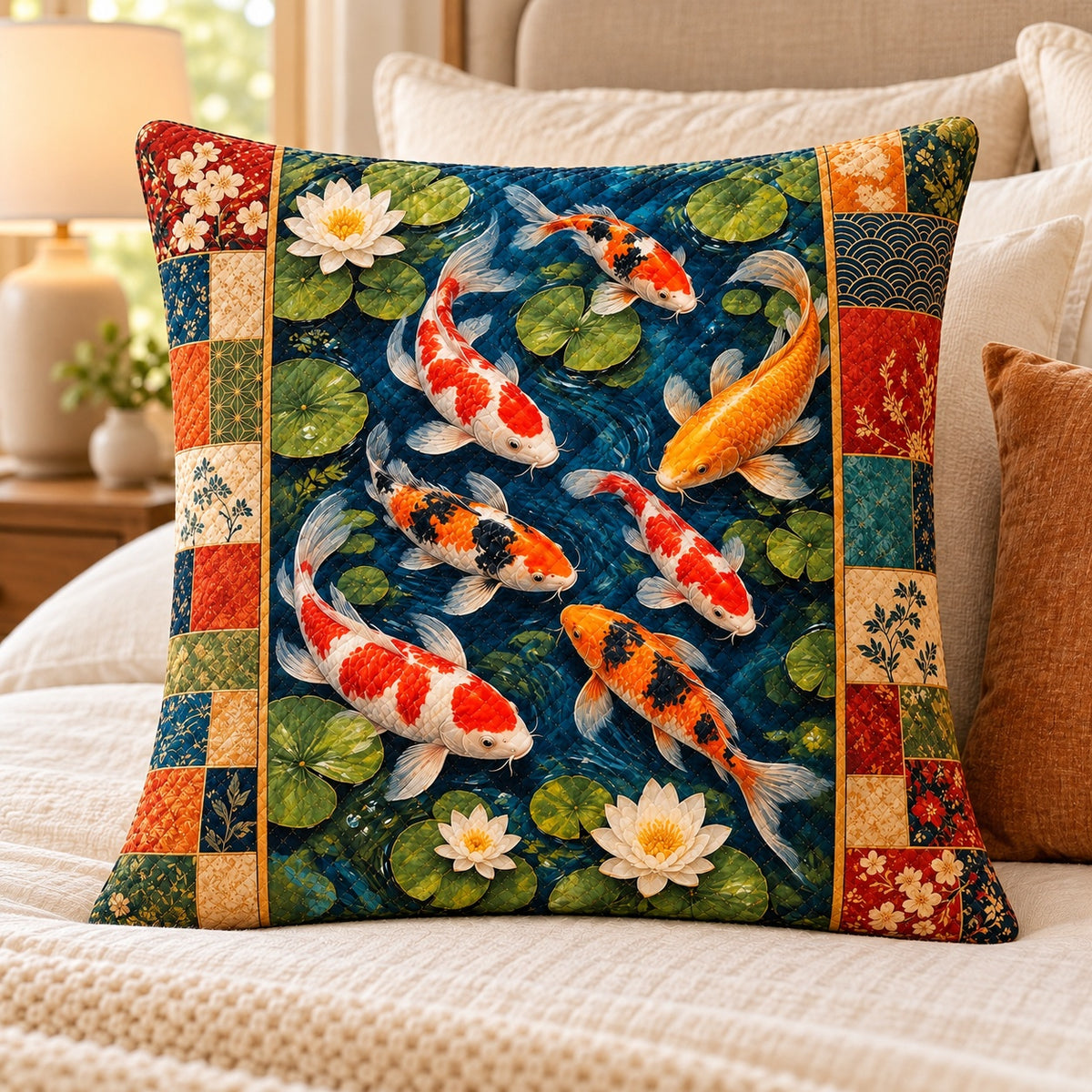 Koi Fish Pond Quilted Throw Pillow, AI-generated bedroom mockup