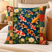 Koi Fish Pond Quilted Throw Pillow, AI-generated bedroom mockup