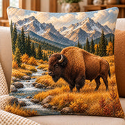 Bison and Mountains Quilted Throw Pillow, AI-generated sofa mockup