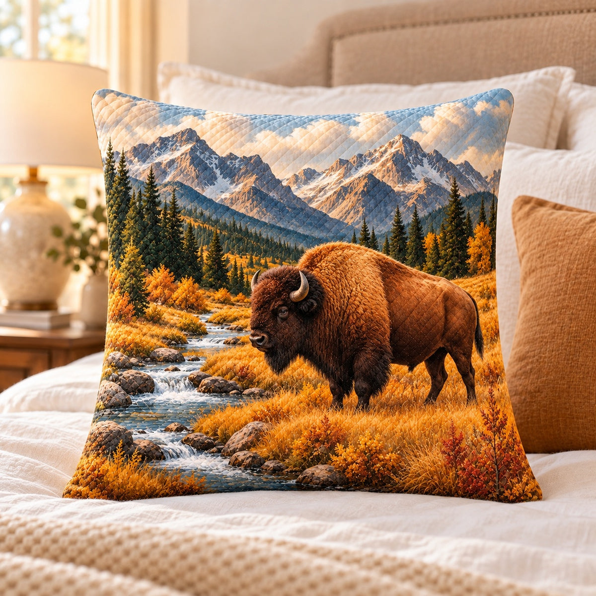Bison and Mountains Quilted Throw Pillow, AI-generated bedroom mockup