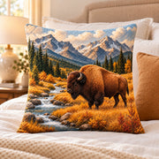 Bison and Mountains Quilted Throw Pillow, AI-generated bedroom mockup