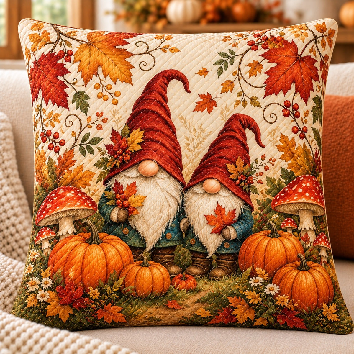 Autumn Gnomes Quilted Throw Pillow, Pumpkin and Mushroom Decor, Gift for Gnome Lovers