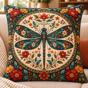 Floral Dragonfly Medallion Quilted Throw Pillow, AI-generated sofa mockup