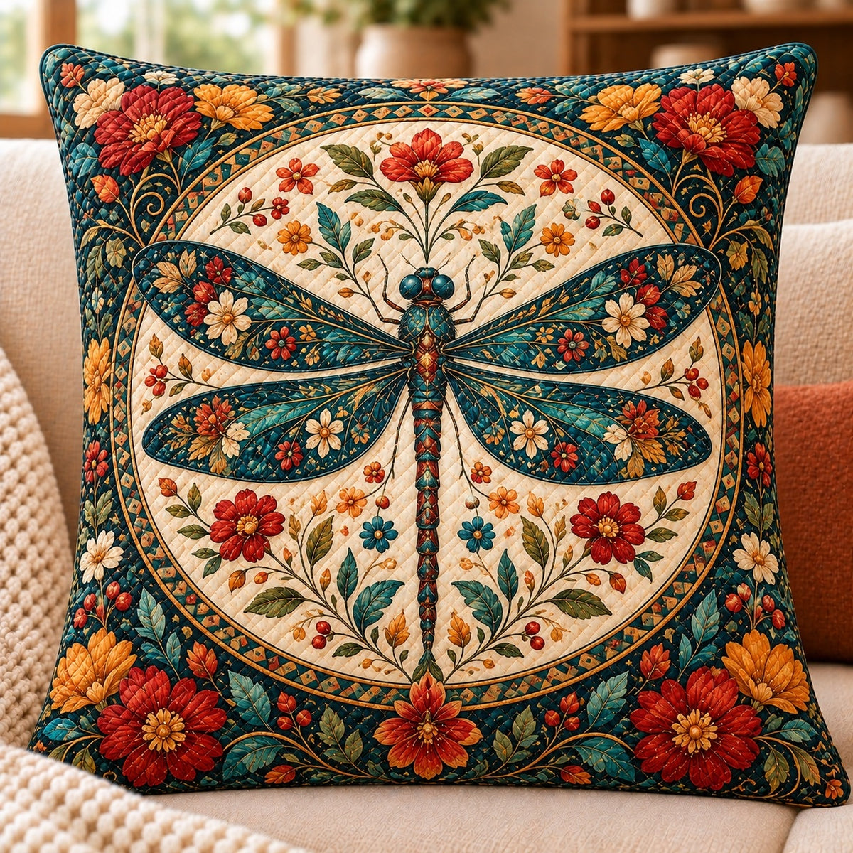 Floral Dragonfly Medallion Quilted Throw Pillow, AI-generated sofa mockup