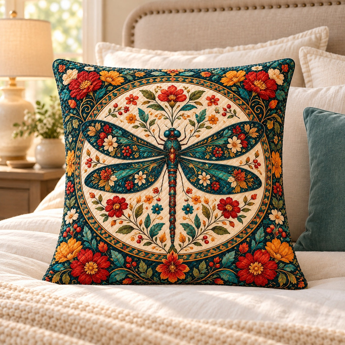 Floral Dragonfly Medallion Quilted Throw Pillow, AI-generated bedroom mockup