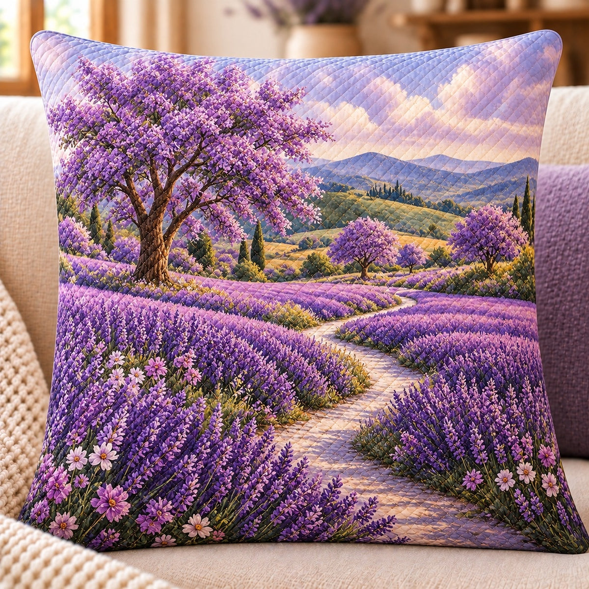 Lavender Fields Quilted Throw Pillow, AI-generated sofa mockup