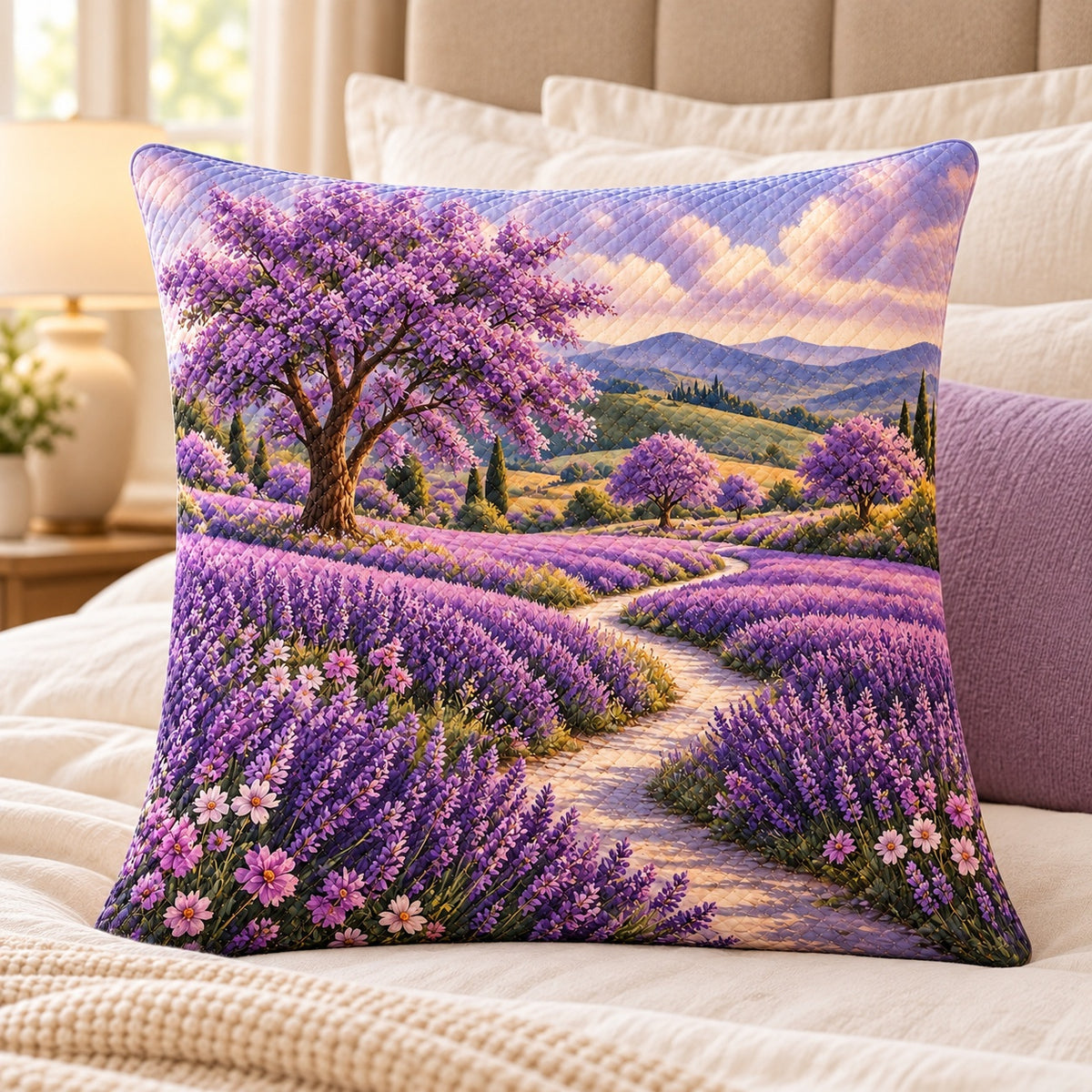 Lavender Fields Quilted Throw Pillow, AI-generated bedroom mockup
