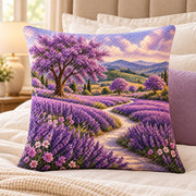 Lavender Fields Quilted Throw Pillow, AI-generated bedroom mockup