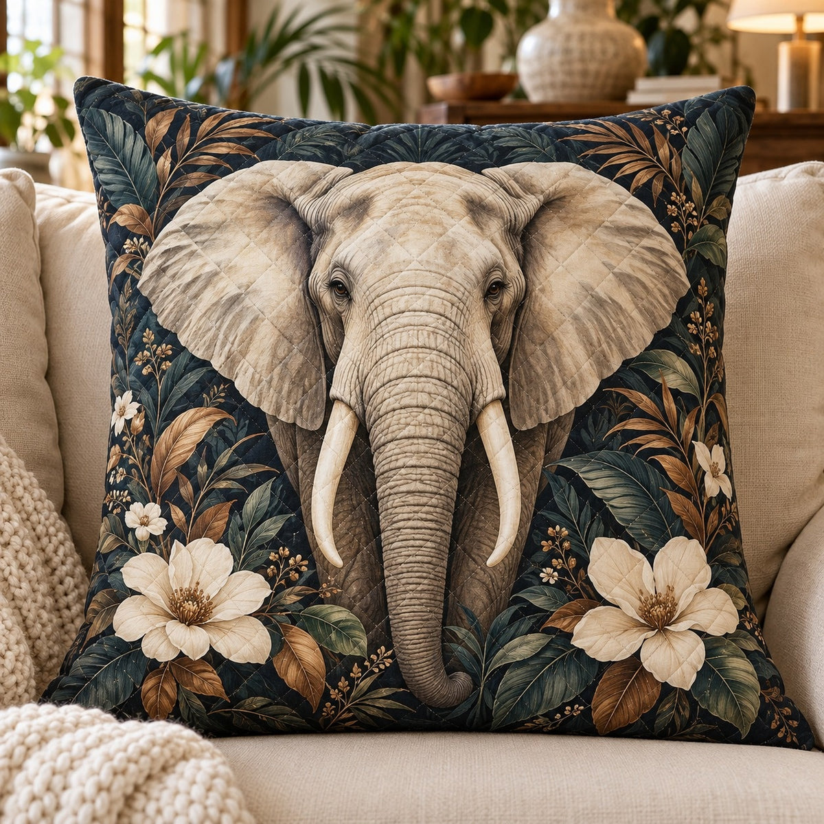 Elephant and Flowers Quilted Throw Pillow, AI-generated sofa mockup