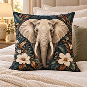 Elephant and Flowers Quilted Throw Pillow, AI-generated bedroom mockup