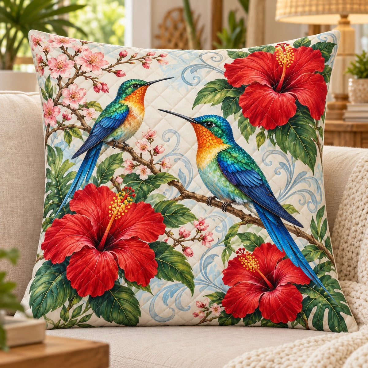 Colorful Tropical Birds Quilted Throw Pillow, Hibiscus Floral Decor, Gift for Bird Lovers