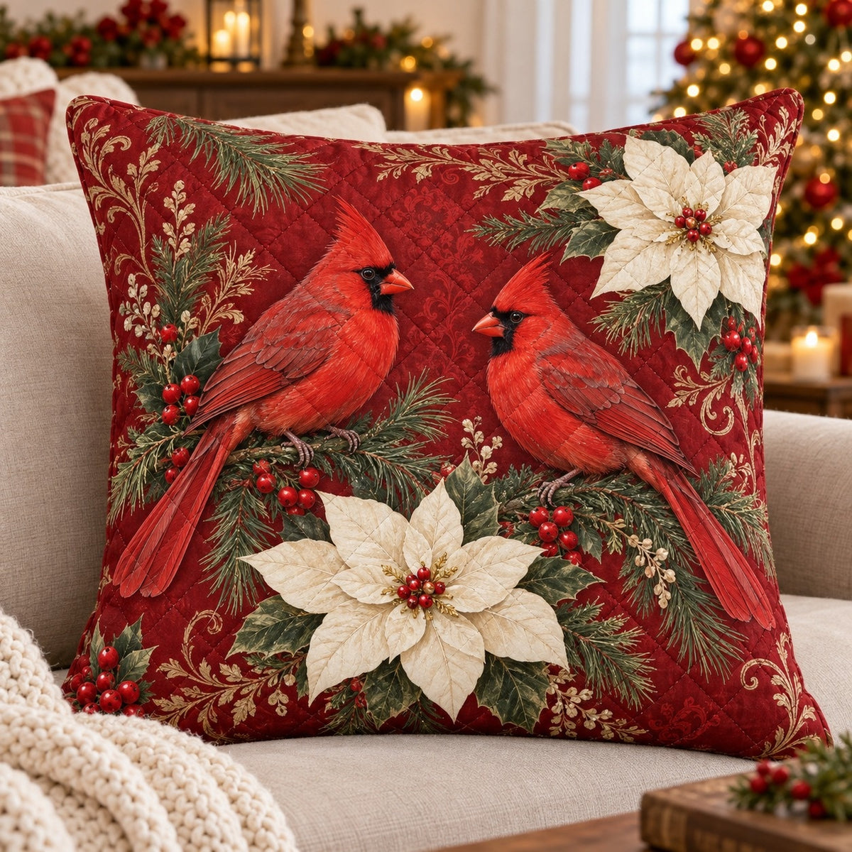 Red Cardinals and Poinsettias Quilted Throw Pillow, AI-generated sofa mockup