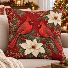 Red Cardinals and Poinsettias Quilted Throw Pillow, Christmas Decor, Gift for Bird Lovers