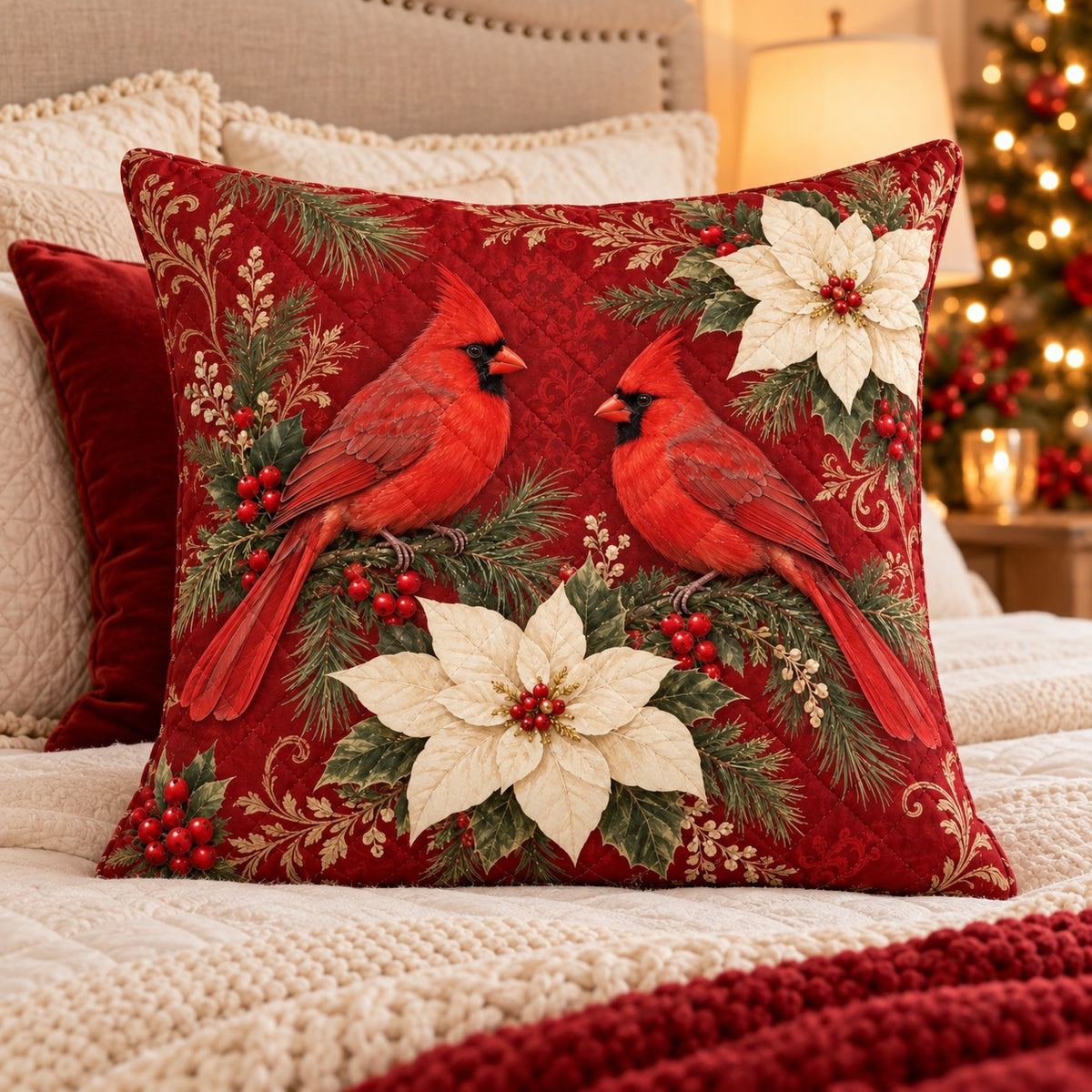 Red Cardinals and Poinsettias Quilted Throw Pillow, AI-generated bedroom mockup