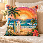 Surfboards at Sunset Quilted Throw Pillow, AI-generated bedroom mockup