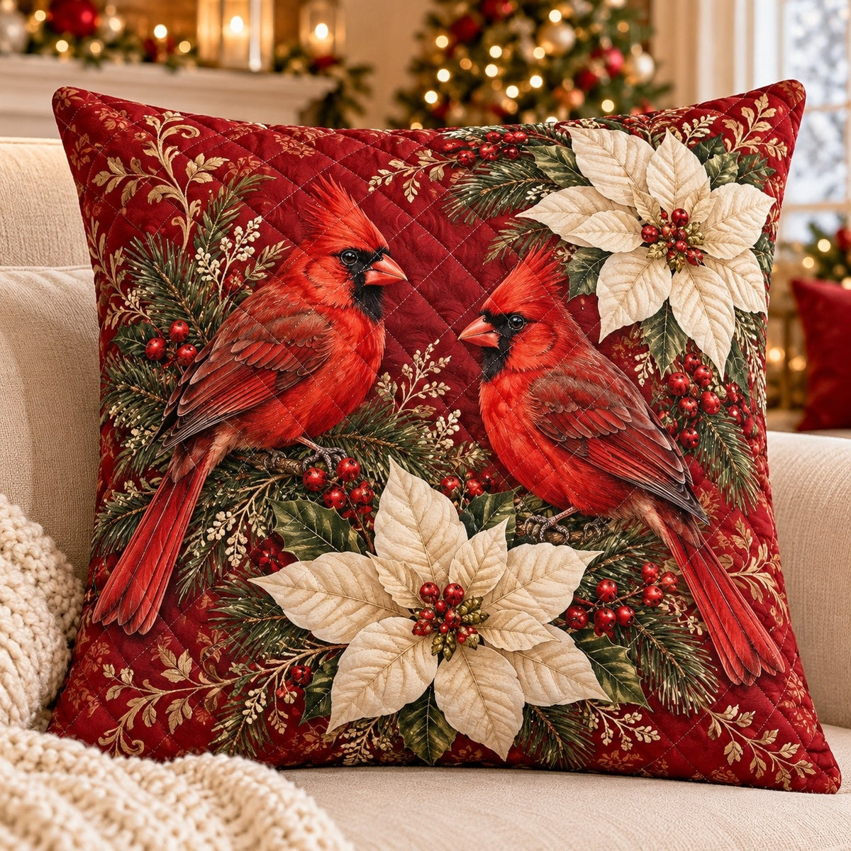 Cardinal Pair Quilted Throw Pillow, AI-generated sofa mockup