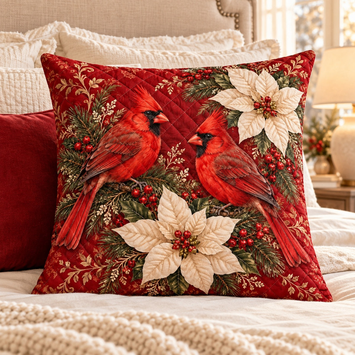 Cardinal Pair Quilted Throw Pillow, AI-generated bedroom mockup