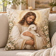 Jesus Holding a Lamb Quilted Throw Pillow, Christian Floral Decor, Gift for Believers
