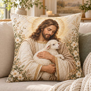 Jesus Holding a Lamb Quilted Throw Pillow, AI-generated sofa mockup