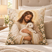 Jesus Holding a Lamb Quilted Throw Pillow, AI-generated bedroom mockup