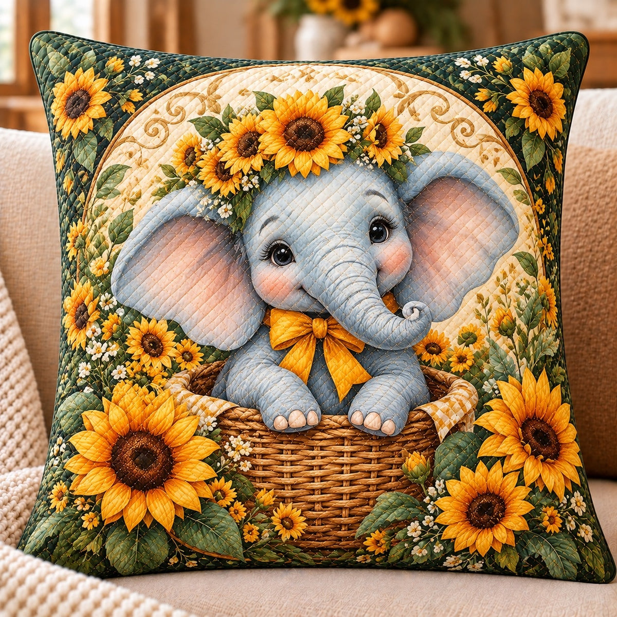 Baby Elephant and Sunflowers Quilted Throw Pillow, AI-generated sofa mockup