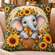 Baby Elephant and Sunflowers Quilted Throw Pillow, AI-generated sofa mockup