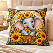 Baby Elephant and Sunflowers Quilted Throw Pillow, AI-generated bedroom mockup