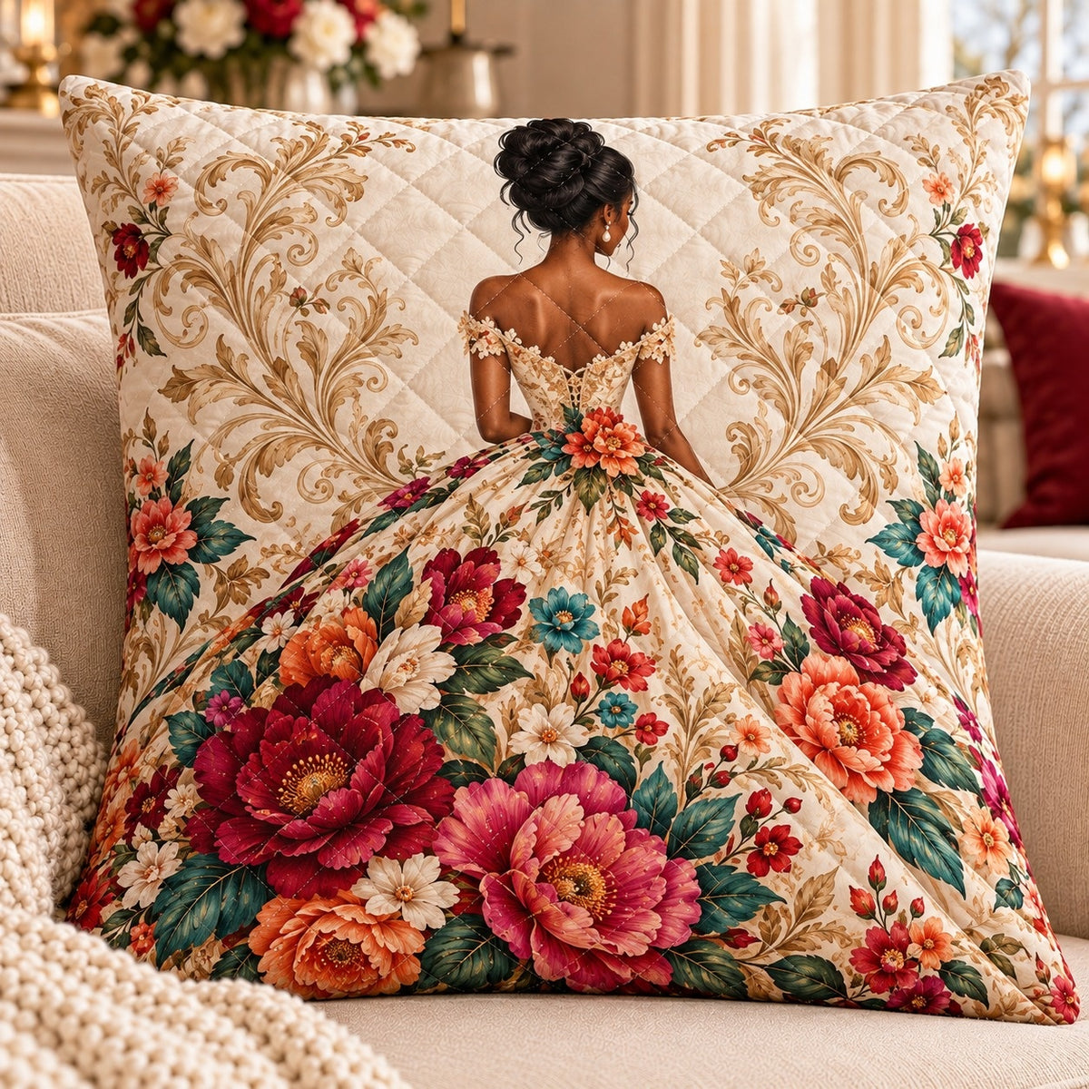 Floral Dress Woman Quilted Throw Pillow, Elegant Botanical Decor, Gift for Flower Lovers
