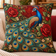 Peacock and Roses Quilted Throw Pillow, AI-generated sofa mockup
