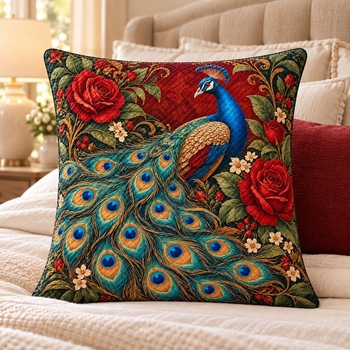 Peacock and Roses Quilted Throw Pillow, AI-generated bedroom mockup