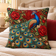 Peacock and Roses Quilted Throw Pillow, AI-generated bedroom mockup