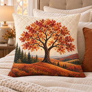 Autumn Maple Tree Quilted Throw Pillow, AI-generated bedroom mockup