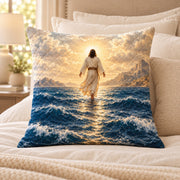 Jesus Walking on Water Quilted Throw Pillow, AI-generated bedroom mockup