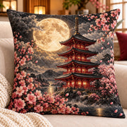 Japanese Pagoda and Moon Quilted Throw Pillow, AI-generated sofa mockup