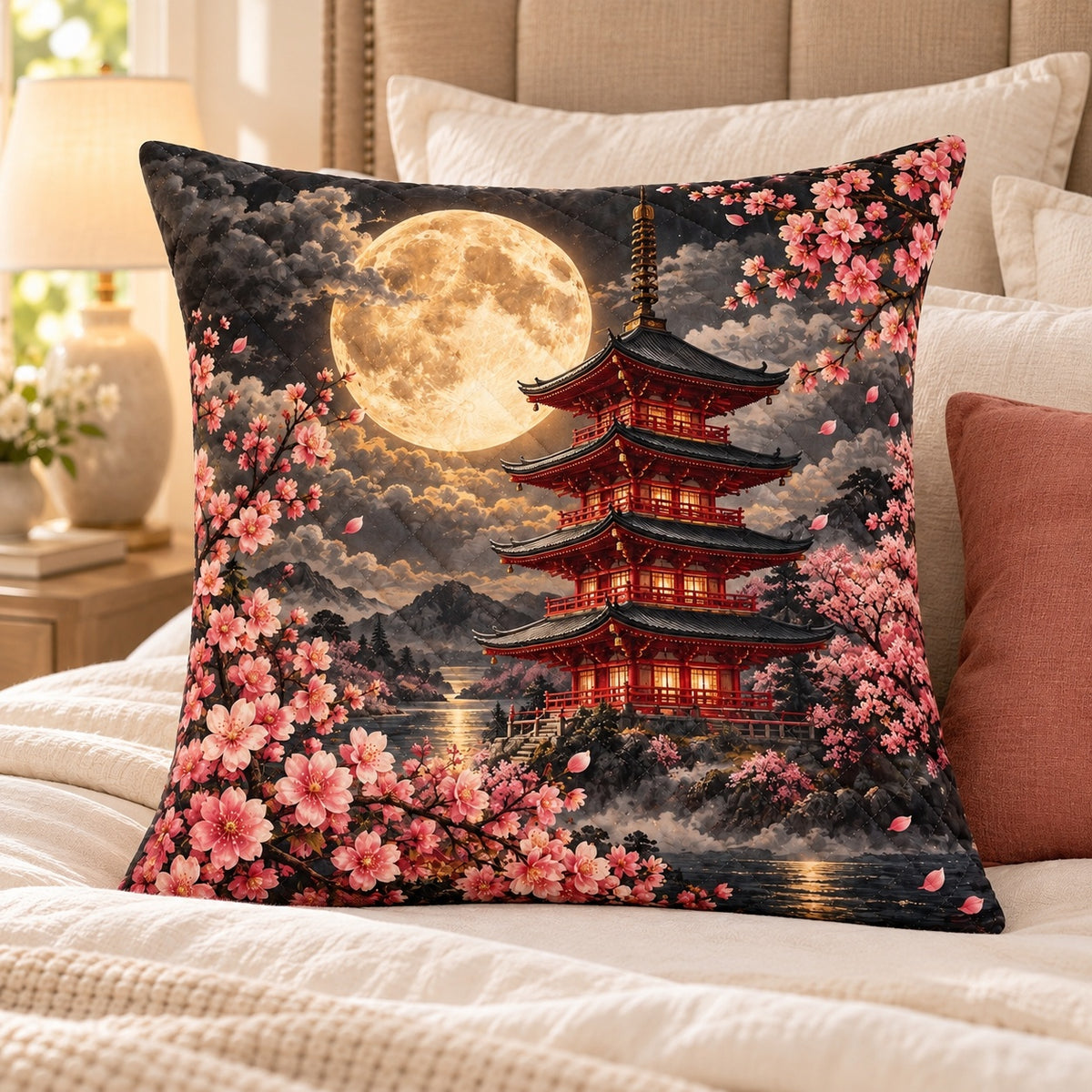 Japanese Pagoda and Moon Quilted Throw Pillow, AI-generated bedroom mockup