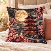 Japanese Pagoda and Moon Quilted Throw Pillow, AI-generated bedroom mockup