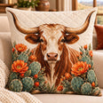 Longhorn Cow Quilted Throw Pillow, Western Cactus Floral Decor, Gift for Cattle Lovers