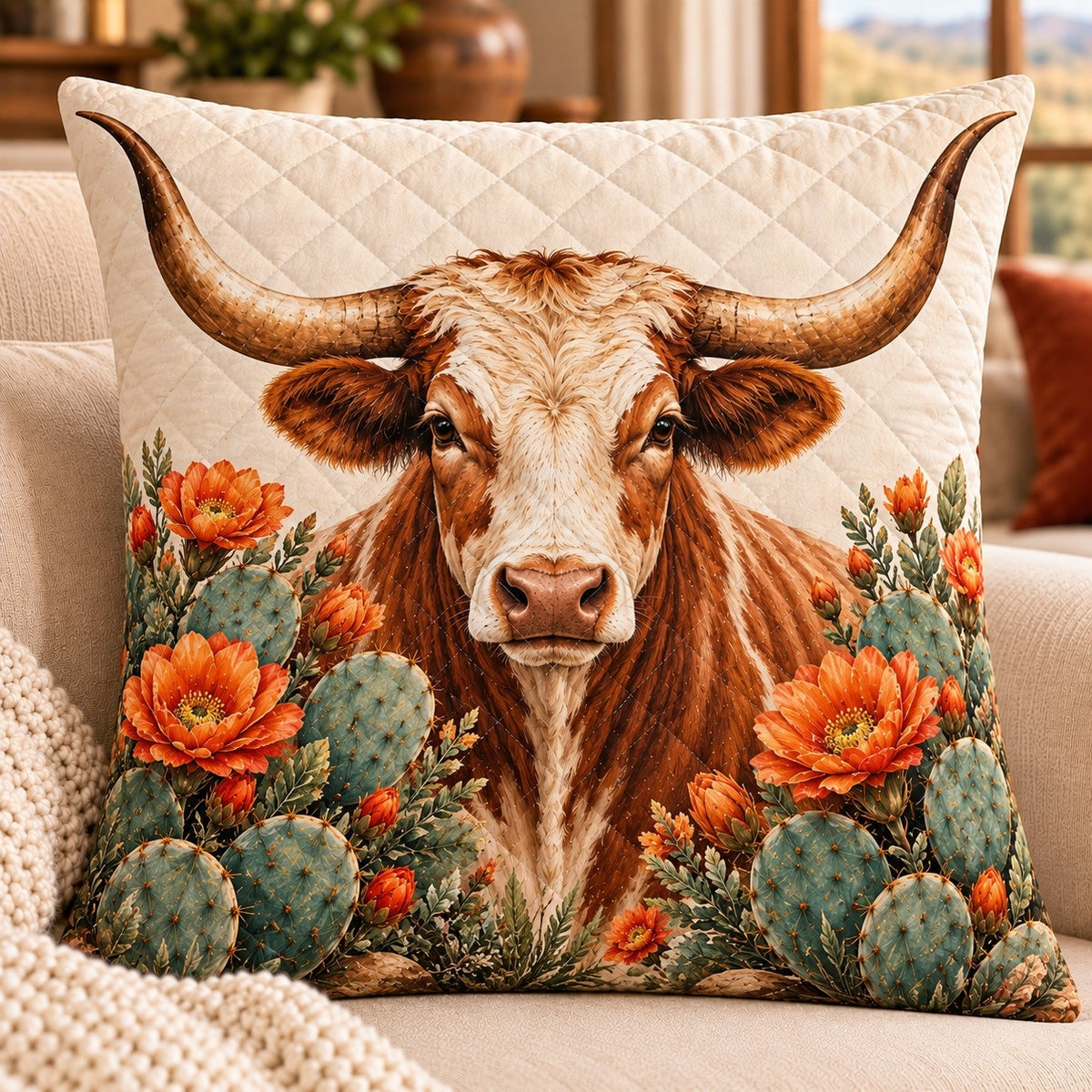 Longhorn Cow Quilted Throw Pillow, Western Cactus Floral Decor, Gift for Cattle Lovers