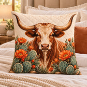 Longhorn Cow Quilted Throw Pillow, AI-generated bedroom mockup