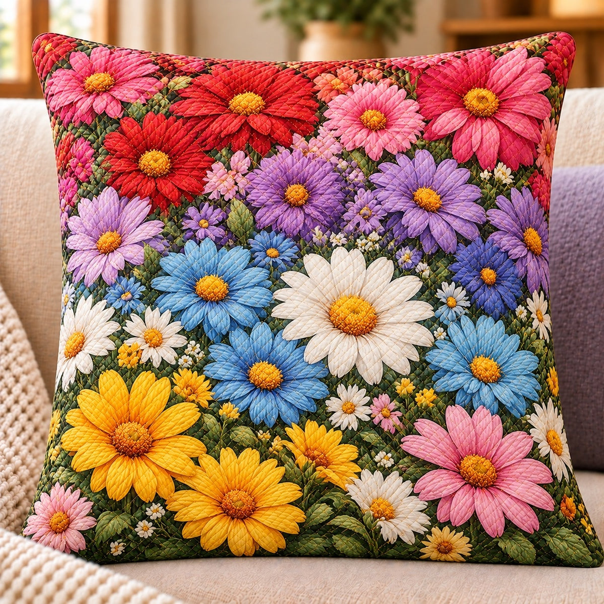 Colorful Daisies Quilted Throw Pillow, Bright Floral Garden Decor, Gift for Flower Lovers