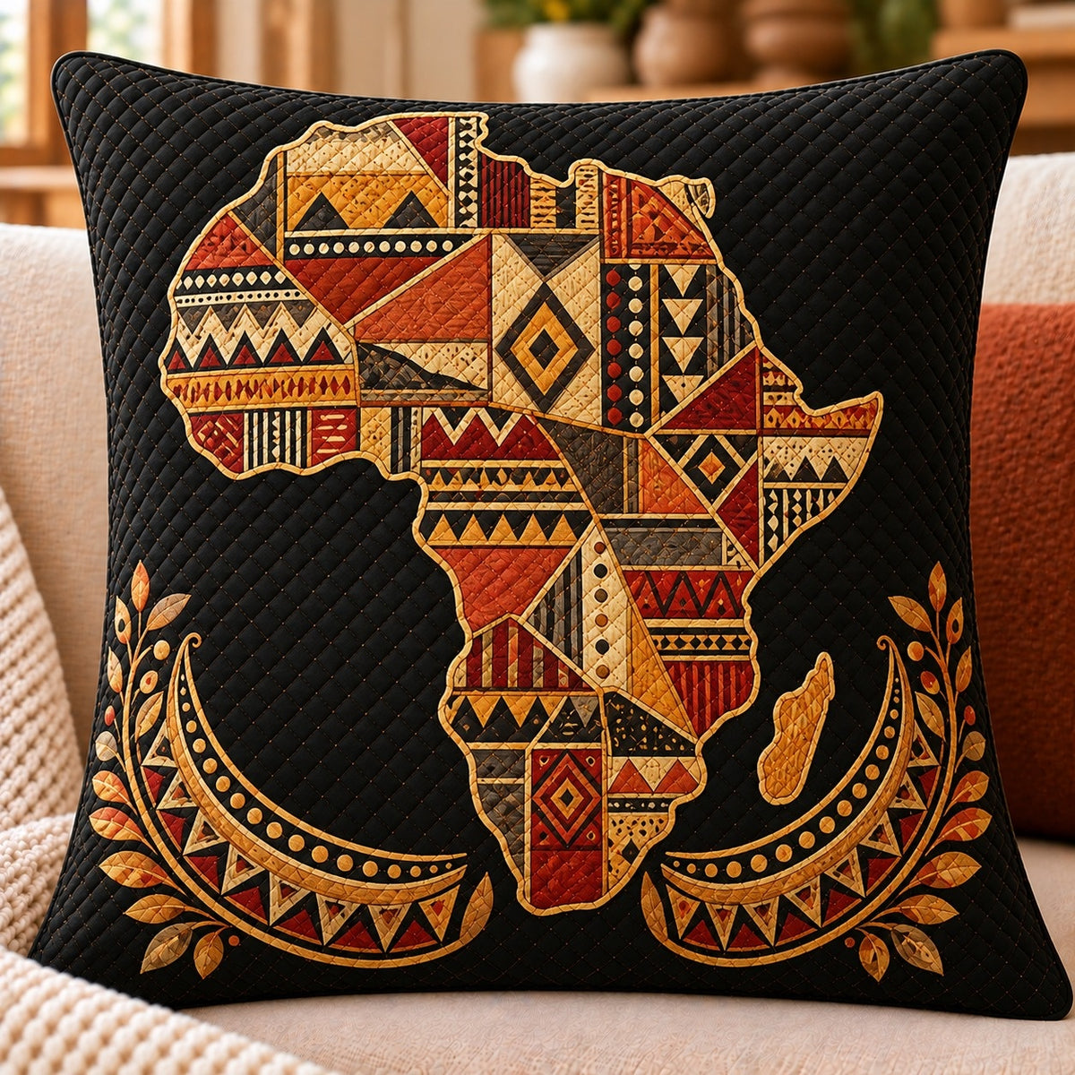 African Map Quilted Throw Pillow, AI-generated sofa mockup