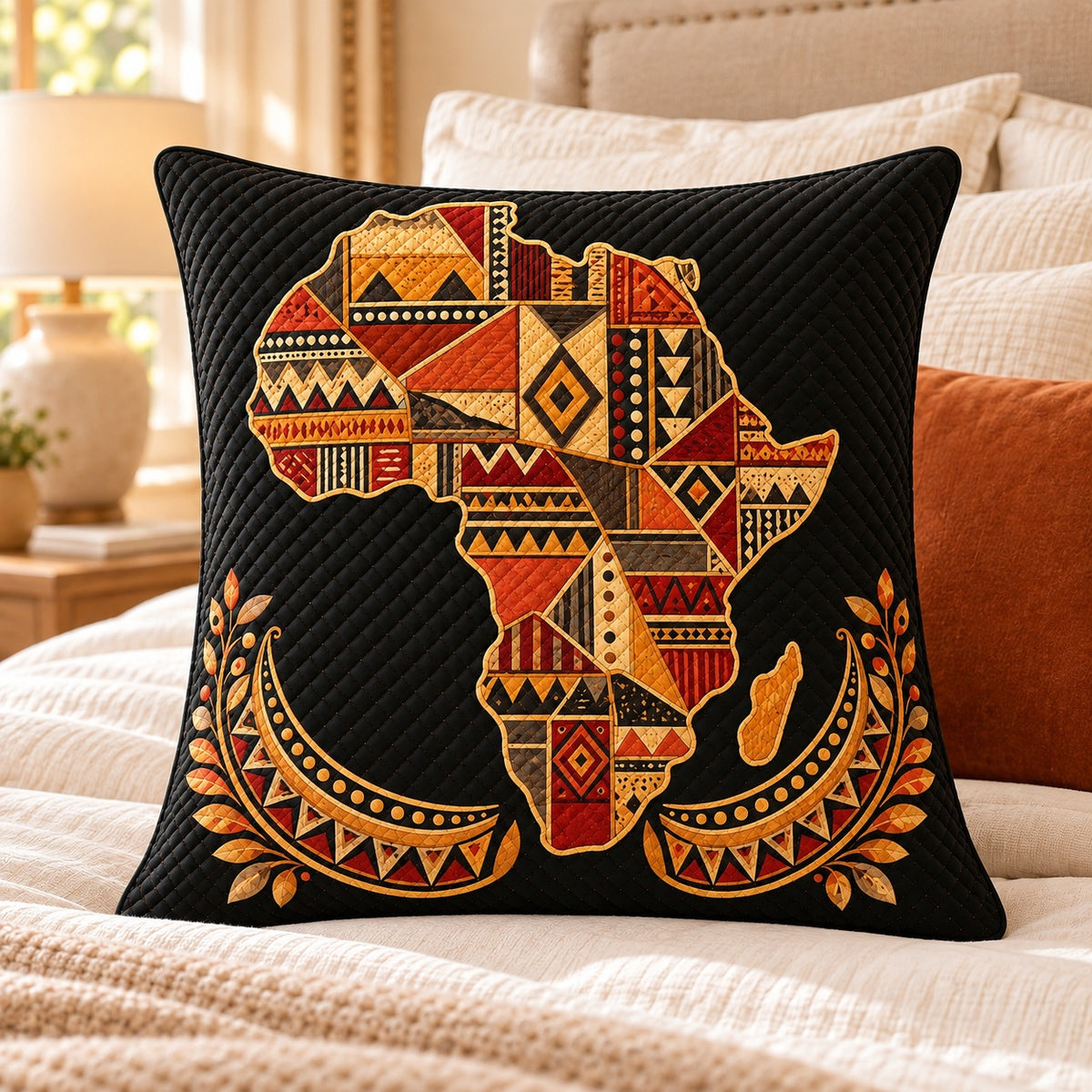 African Map Quilted Throw Pillow, AI-generated bedroom mockup