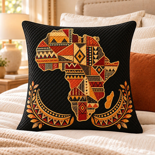 African Map Quilted Throw Pillow, AI-generated bedroom mockup