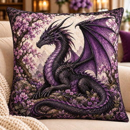 Purple Dragon Quilted Throw Pillow, Fantasy Floral Decor, Gift for Dragon Lovers