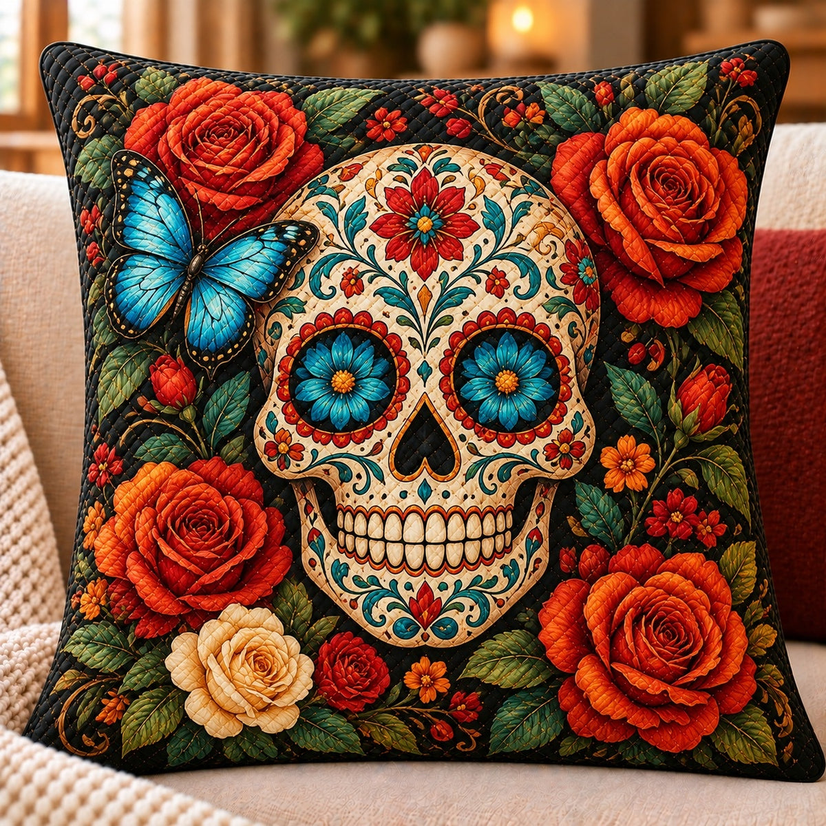 Floral Sugar Skull Quilted Throw Pillow, Colorful Rose Decor, Gift for Skull Art Lovers