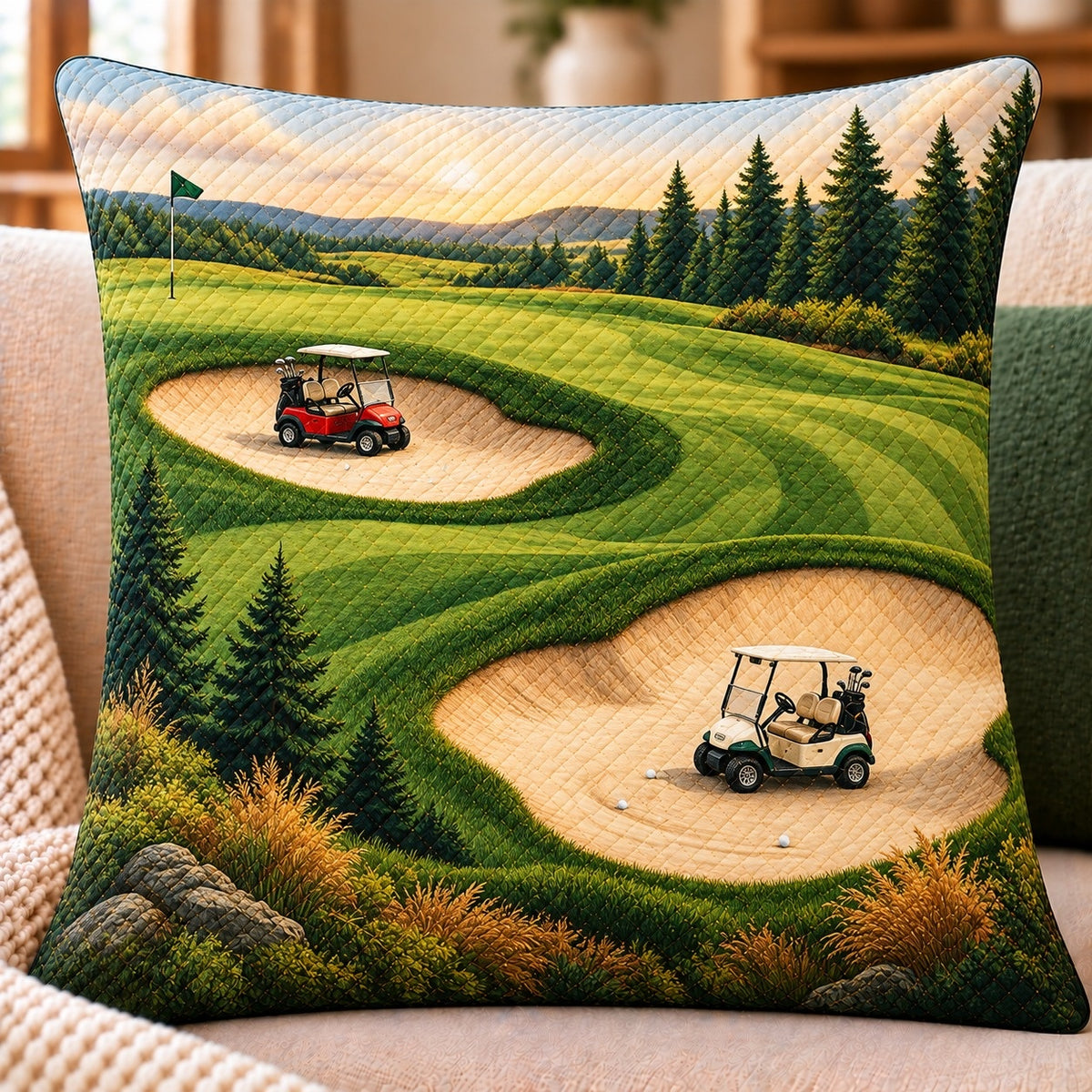 Golf Course Quilted Throw Pillow, Scenic Green Fairway Decor, Gift for Golfers