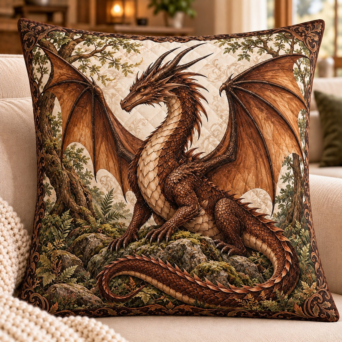Brown Dragon Quilted Throw Pillow, AI-generated sofa mockup