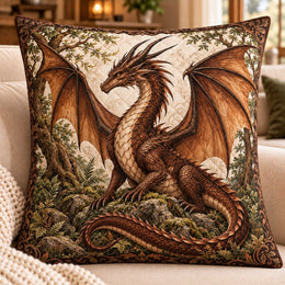 Brown Dragon Quilted Throw Pillow, Woodland Fantasy Decor, Gift for Dragon Lovers
